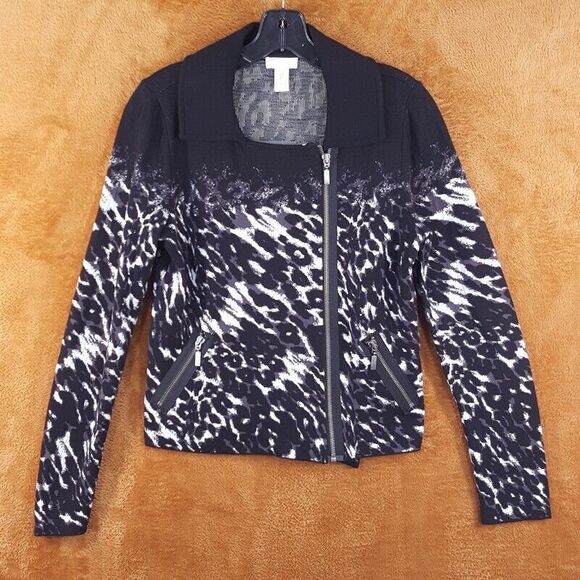 CHICOS Womens Sweater 0 Small Black Leopard Zip Up Moto Ombre Colorblock Knit - Picture 1 of 6